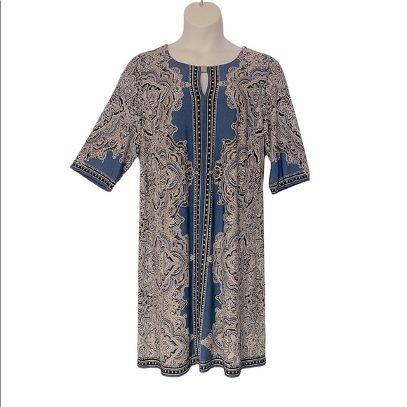 Sandra Darren Dresses & Skirts - Sandra Darren 3-D Print Thin Knit Denim Blue Shift Office Casual Border Dress